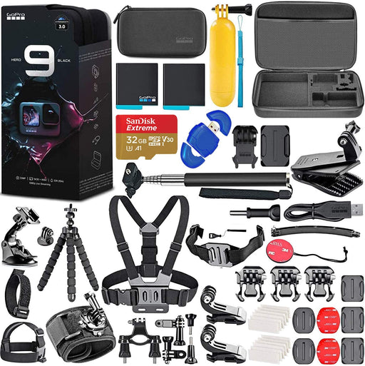 GoPro HERO9 Black with Hero 9 Action Accessory Bundle Kit Includes 2 Batteries, SanDisk Extreme 32GB microSDHC Memory Card, Floating Handle, Chest Mount + More!
