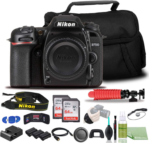 Nikon D7500 DSLR Camera - Bundle - (Body Only) USA Model (1581) + 2X EN-EL15 Battery + 2X SanDisk 64GB Card + Case + 12 Inch Flexible Tripod + Deluxe Cleaning Set + HDMI Cable + Hand Strap + More