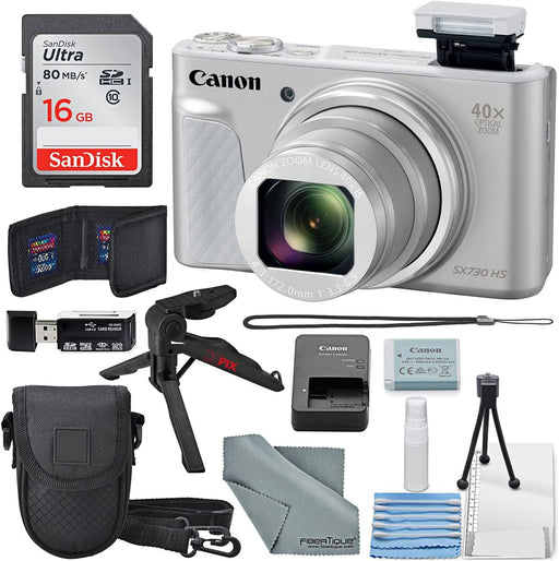 Canon PowerShot SX730 HS Digital Camera (Silver) W/Basic Bundle, 16GB, Xpix Tabletop Tripod +FiberTique Cloth …