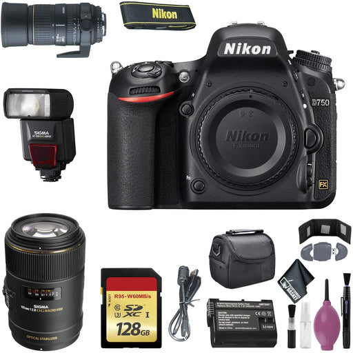 NIKON D750 Digital Camera (Body ONLY) (International Model) - 128GB - Case - EN-EL15 Battery - Sigma EF530 ST - AF135-400 F4.5-5.6 DG APO Lens Mount - 105mm f/2.8 EX DG OS HSM Macro Lens