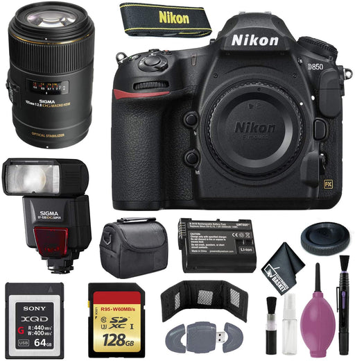 Nikon D850 DSLR Camera (Body Only) (International Model) - 128GB - Case - EN-EL15 Battery - Sony 64GB XQD G Series Memory Card - EF530 ST & 105mm f/2.8 EX DG OS HSM Macro Lens
