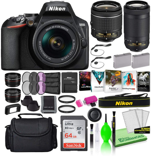Nikon D3500 24.2MP DSLR Digital Camera with 18-55mm and 70-300mm Lenses (1588) USA Model Deluxe Bundle -Includes- Sandisk 64GB SD Card + Large Camera Bag + Editing Software + Spare Battery + Filters