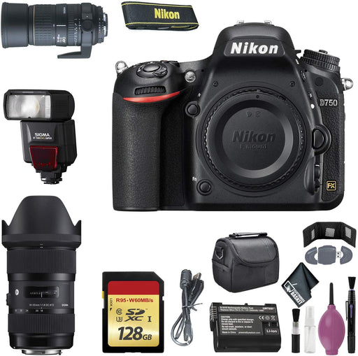 NIKON D750 Digital Camera (Body ONLY) (International Model) - 128GB - Case - EN-EL15 Battery - Sigma EF530 ST - AF135-400 F4.5-5.6 DG APO Lens Mount - 18-35MM 1.8 DC HSM F/NIKON