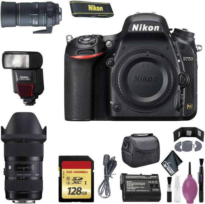 NIKON D750 Digital Camera (Body ONLY) (International Model) - 128GB - Case - EN-EL15 Battery - Sigma EF530 ST - AF135-400 F4.5-5.6 DG APO Lens Mount - 18-35MM 1.8 DC HSM F/NIKON