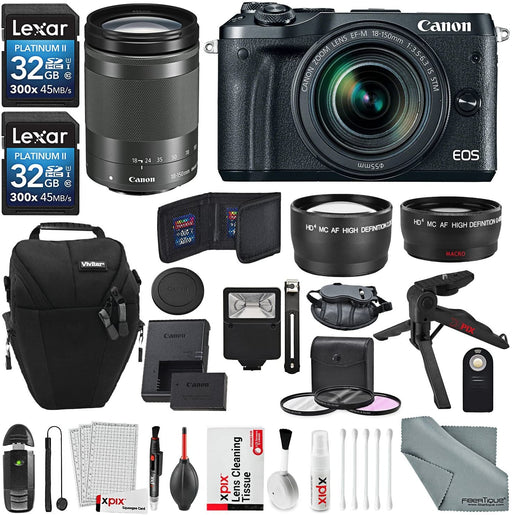 Canon EOS M6 Mirrorless Digital Camera with 18-150mm Lens Bundle with 2X 32GB + Telephoto & Wide-Angle Lens + Flash + Remote + Tripod + Filters + Camera Case & Strap + Xpix Lens Accessories