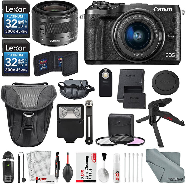 Canon EOS M6 Mirrorless Digital Camera with 15-45mm Lens Bundle with 2X 32GB + Flash + Remote + Tripod + Filters + Camera Case & Strap + Xpix Lens Accessories