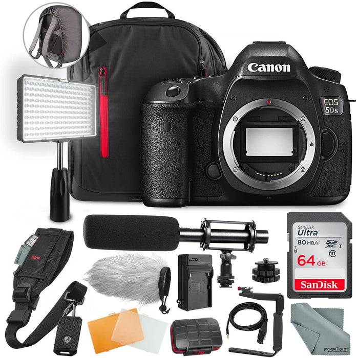 Canon EOS 5DS DSLR Camera (Body Only) Complete Premium Video Kit w/ 64GB + Professional Shotgun Microphone + Pro Video 160 LED Light + Deluxe Accessory Bundle