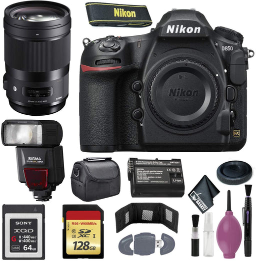 Nikon D850 DSLR Camera (Body Only) (International Model) - 128GB - Case - EN-EL15 Battery - Sony 64GB XQD G Series Memory Card - EF530 ST & 40mm f/1.4 DG HSM Art Lens