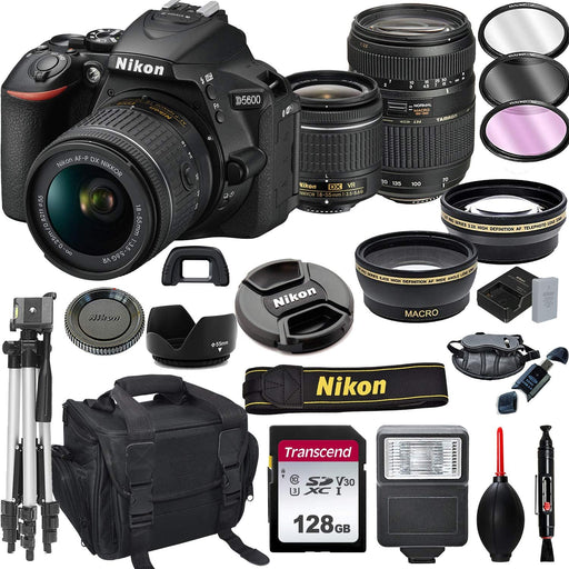 Nikon D5600 DSLR Camera with 18-55mm VR + Tamron 70-300mm + 128GB Card, Tripod, Flash, and More (20pc Bundle)