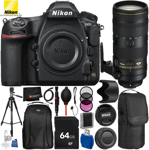 Nikon D850 DSLR Camera (Body) + AF-S 70-200mm f/2.8E FL ED VR Lens - 12PC Accessory Bundle Includes 3PC Filter Kit (UV, CPL, FLD) + 72” Full-Size Tripod + Professional Sling Backpack + More