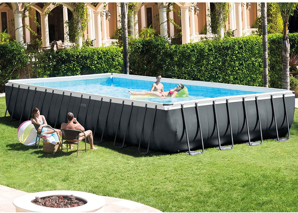Intex 26373EH 32ft x 16ft x 52in Ultra XTR Frame Outdoor Above Ground Rectangular Swimming Pool Set with Sand Filter Pump, Ladder, Ground Cloth, Pool Cover, and Maintenance Kit
