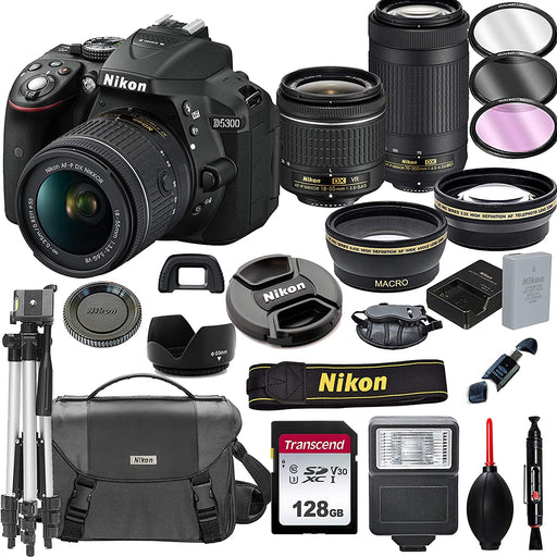 Nikon D5300 DSLR Camera with 18-55mm VR and 70-300mm Lenses + 128GB Card, Tripod, Flash, and More (20pc Bundle)