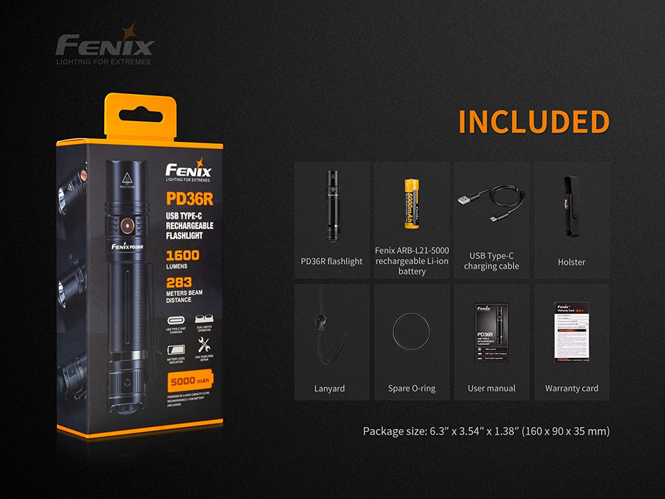 Fenix PD36R 1600 Lumen Type-C USB rechargeable LED tactical Flashlight, 2 X batteries with EdisonBright charging cable carry case bundle