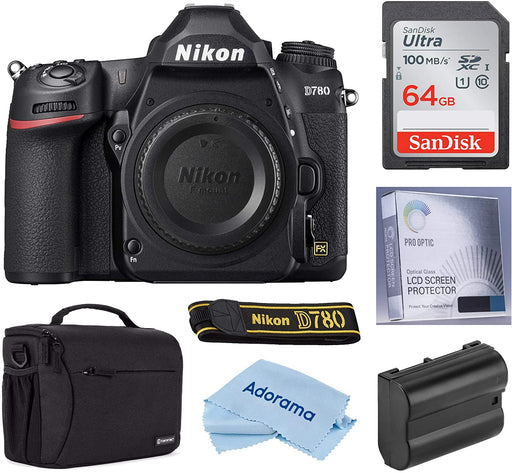 Nikon D780 FX-Format DSLR Camera Body Only, Bundle with Bag, Extra Battery, Glass Screen Protector, 64GB SD Card, Cloth