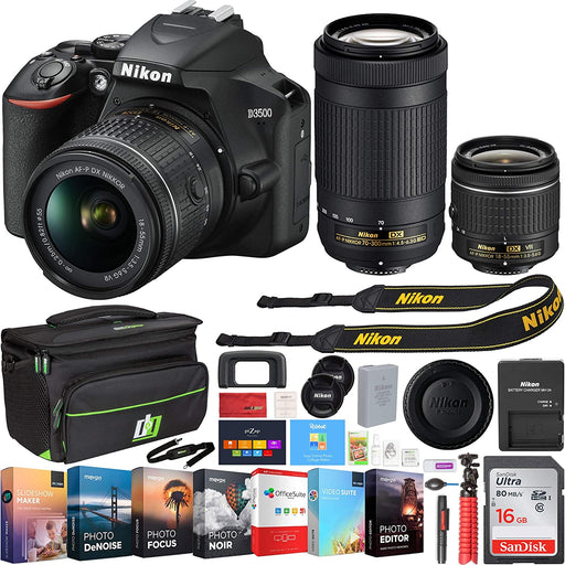 Nikon 1588 D3500 24.2MP DSLR Camera with AF-P 18-55mm VR Lens & 70-300mm Dual Zoom Lens Kit Bundle with 16GB Memory Card, Photo and Video Professional Editing Suite and Camera Bag for DSLR Cameras