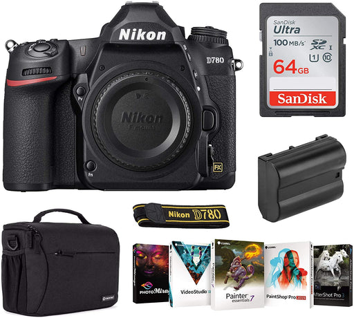 Nikon D780 FX-Format DSLR Camera Body Bundle with Case, 64GB SD Card, Extra Battery, Corel PC Software Kit